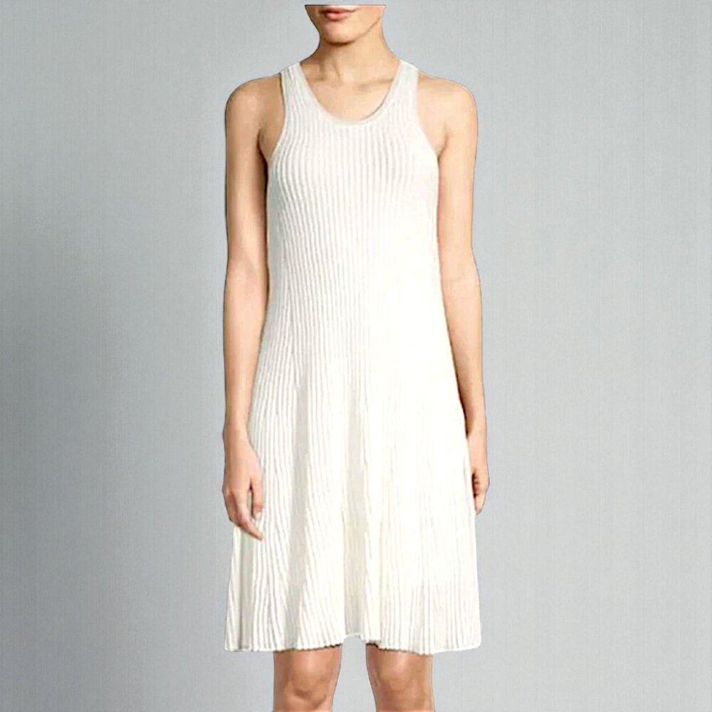 Theory Ottoman Day ivory ribbed sleeves neutral minimalist sweater knit dress S